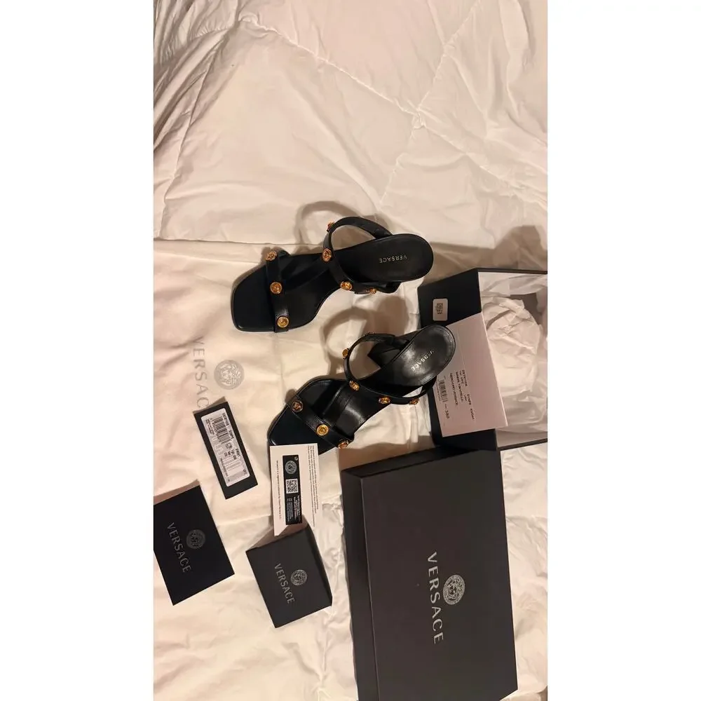 Authentic Versace Medusa Leather Heels Black Gold Block Heel Sandals Size 35